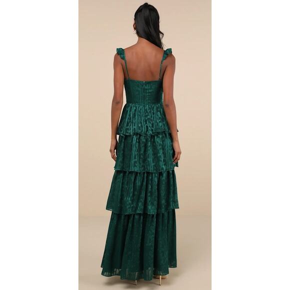 Lulus Hunter Green Floral Jacquard Tiered Stunning Glory Maxi Dress Size: XS - Picture 8 of 10